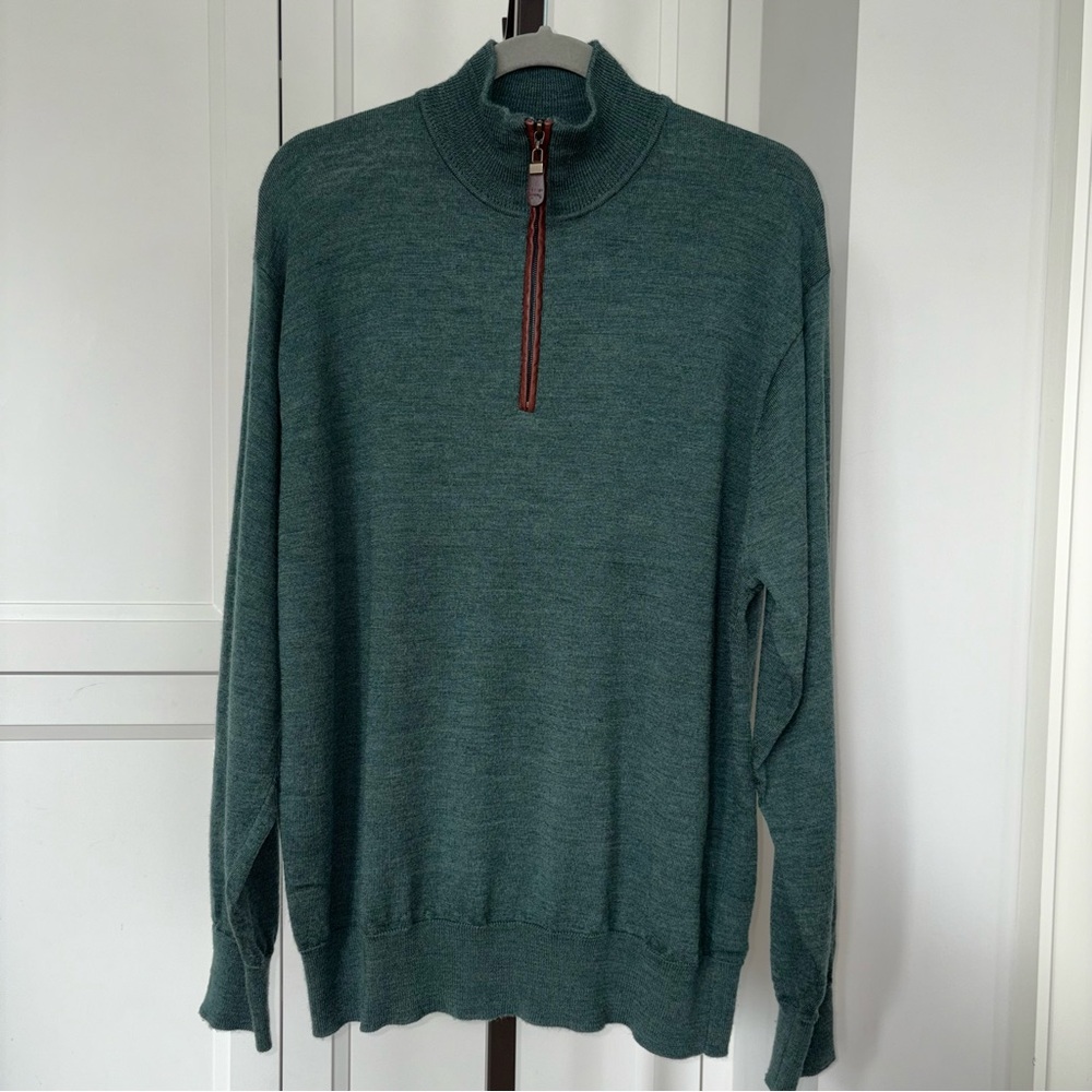 Orvis Wool Blend Quarter Zip Sweater Mens Large Green Mock Neck Pullover Classic